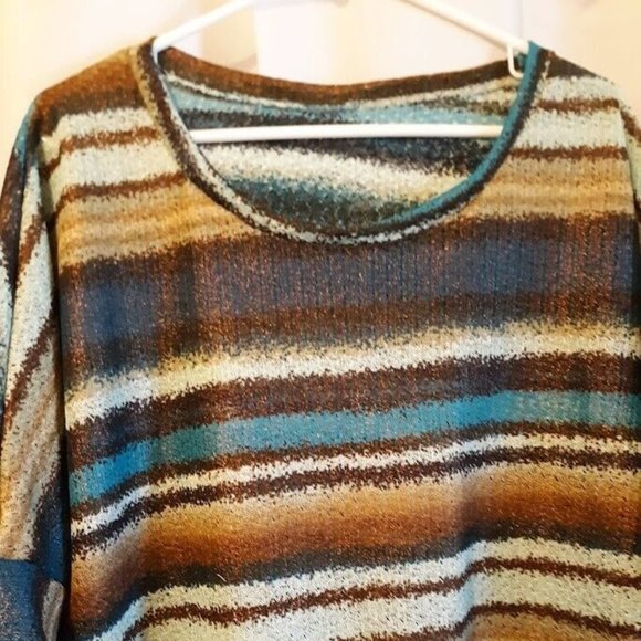 Copper Sheen T-shirt Top Plus 1X Blue Brown Teal Dolman Scoop neck hi-lo blouse - Picture 2 of 9